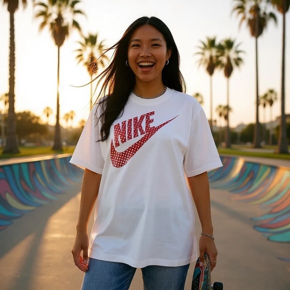 Nike Women’s Oversized T-Shirt White with Red Logo – Sizes L & XL - Picture 8 of 9